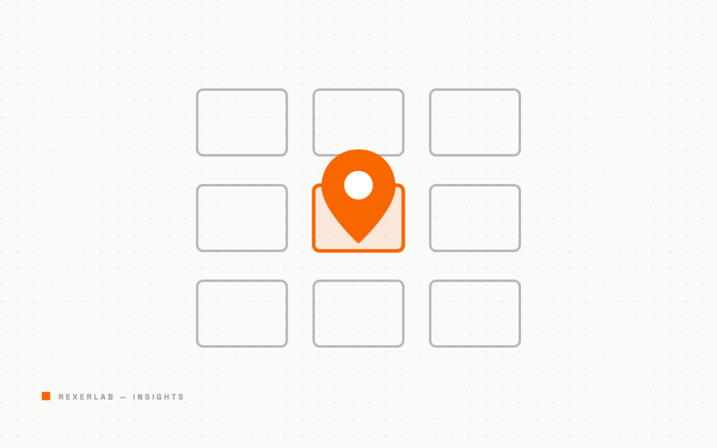 Booth grid illustration with one highlighted booth marked by a location pin